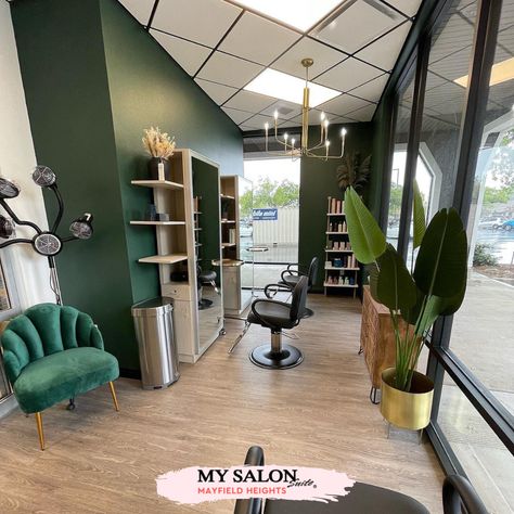 Green And Gold Salon Suite, Sage Green Salon Suite, Retro Salon Suite, Emerald Green Salon Suite, Green Hair Salon Interior Design, Green And Black Salon, Emerald Green Hair Salon, Sage Green Salon Decor, Sage Green Hair Salon