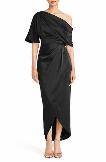 HALSTON Tara Pleat Drape Satin Gown | Nordstrom Black Dress Bridesmaid, Satin Black Dress, Drape Gowns, Evening Dresses With Sleeves, One Shoulder Gown, Midi Cocktail Dress, Satin Gown, Boho Maxi Dress, Tall Model