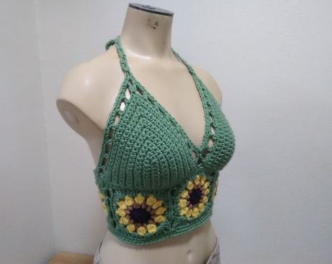 Sunflower Crop Top, Boho Tops Summer, Hippie Crochet, Crochet Bralette, Crochet Sunflower, Crochet Summer Tops, Crochet Halter, Bralette Crop Top, Crochet Summer