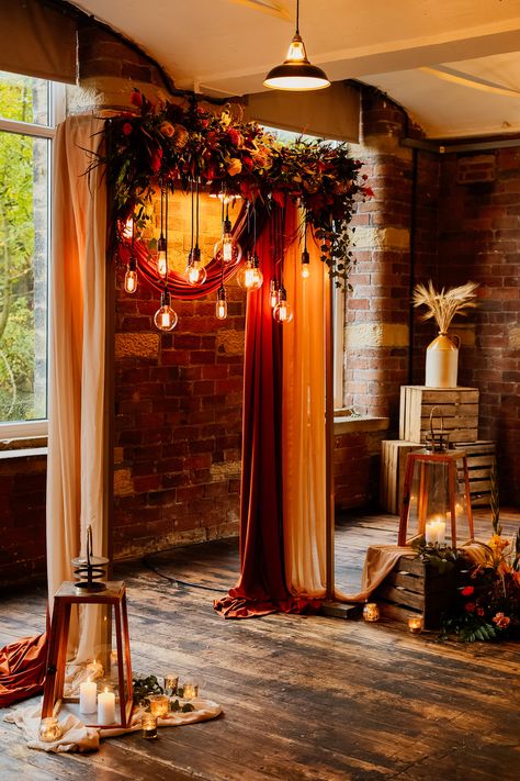 Warm Cosy & Enchanting Autumnal Garden Inspired Wedding Autumn Wedding Decor, Rustic Wedding Theme, Orange Wedding Themes, Fall Wedding Arches, Village Hall Wedding, Fall Wedding Tables, Bronze Wedding, Burnt Orange Weddings, Rustic Table Decor