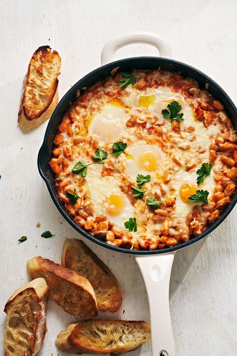 Eggs And Beans Recipes, White Bean Bake, Egg And Beans Breakfast, Beans Eggs Breakfast, Skillet Baked Eggs With White Beans And Mushrooms, Everything Bagel Egg Casserole, Mozzarella Sticks Recipe, Panzanella Recipe, White Pizza Recipes