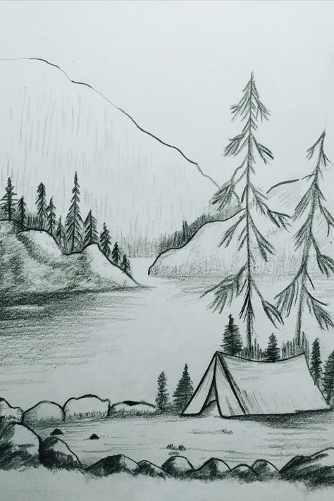 Pencil Sketch Scenery Nature, Landscape Sketch Pencil Nature Easy, Easy Landscaping Drawing, Easy Sketches Of Nature, Pencil Drawing Scenery Nature, Outdoor Drawing Ideas, Easy Scenery Sketch, Drawing Ideas Landscape Pencil Easy, Natural Scenery Drawing Pencil Easy