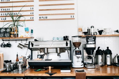 Coffee, espresso, and beverage equipment Coffee Shop Supplies, Industrial Coffee Bar, Coffee Shop Equipment, Industrial Coffee Shop, Coffee Food Truck, Starting A Coffee Shop, Opening A Cafe, Bar Equipment, Opening A Coffee Shop