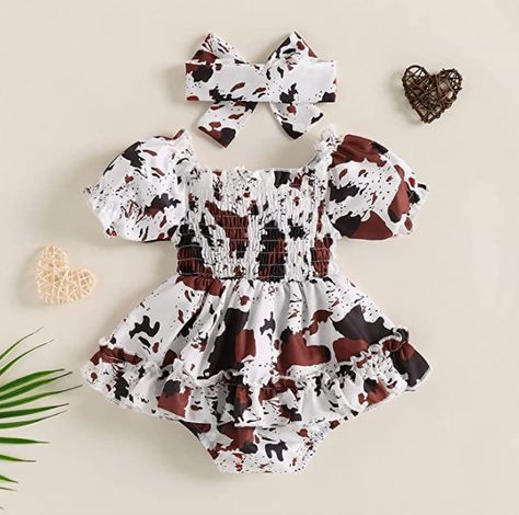 YINGISFITM Infant Baby Girl Bubble Romper Ruffled Dress Cow Print Onesie Summer Dresses Cute Clothes and Headbands Cowgirl Baby Outfits, Cow Print Baby Stuff, Country Baby Girl Outfits, Baby Girl Western Outfits, Western Baby Girl Outfits, Country Baby Outfits, Western Baby Outfits, Country Baby Clothes, Cute Baby Things