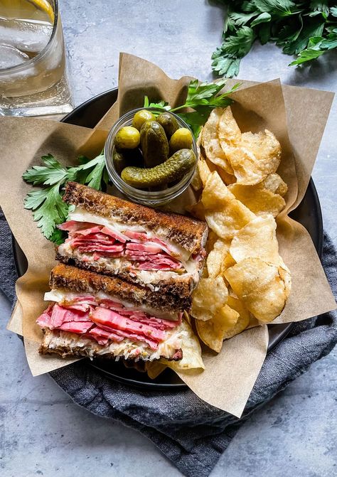 Reuben Sandwiches - Espresso and Lime Deli Food Photography, Reubens Sandwich, Sandwich Photography Styling, Rustic Sandwiches, Sandwich Plating Ideas, Sandwich Photoshoot, Focaccia Sandwich Ideas, Sandwich Fancy, Slow Roasted Corned Beef