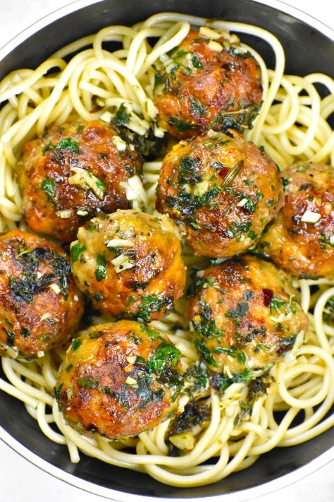 Garlic butter turkey meatballs atop spaghetti noodles in a bowl. Garlic Butter Turkey Meatballs, Turkey Meatball Spaghetti, Garlic Butter Turkey, Meatballs Sauce Recipe, Baked Turkey Meatballs, Butter Turkey, Turkey Meatballs Recipe, Ground Turkey Meatballs, Garlic Spaghetti