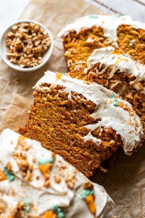 Just like this award winning vegan carrot cake, this soft and incredibly moist carrot cake LOAF is perfectly spiced, not too sweet and rich with a silky dairy free cream cheese frosting. No eggs nor dairy required! Vegan Carrot Loaf Cake, Carrot Cake No Eggs, Vegan Carrot Loaf, Carrot Cake Loaf Recipe, Sugar Free Vegan Desserts, Dairy Free Carrot Cake, Dairy Free Cream Cheese Frosting, Vegan Carrot Cake Recipe, Carrot Cake Bread