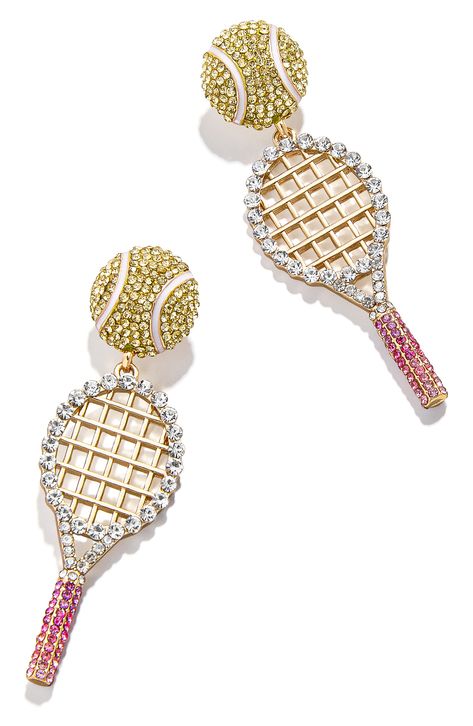 Serve movement and shine with crystal-detailed drop earrings featuring tennis balls and rackets. 2 1/8" drop; 5/8" width Surgical steel post back Goldtone plate/glass/enamel Imported Baublebar Jewelry, Tennis Accessories, Bead Ideas, Steel Post, Tennis Balls, Stacked Jewelry, Jewelry Lookbook, Earrings In Gold, Casual Everyday