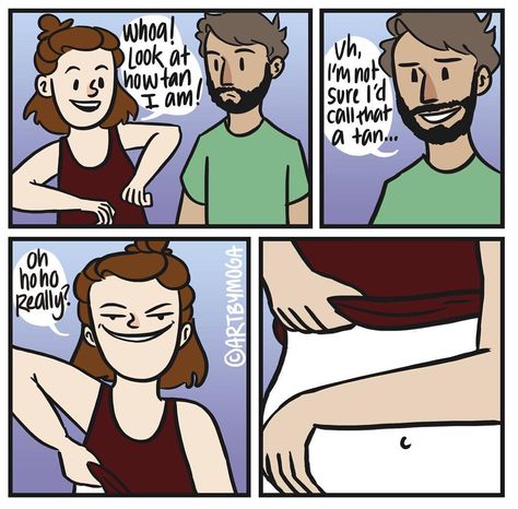 This is me literally the other day I was like 'look I have a tan line! See, it's white here, and slightly darker white here!' Pale People, 4 Panel Life, People Problems, Cute Comics, I Can Relate, Comic Strip, Funny Comics, Funny Posts, Funny Cute