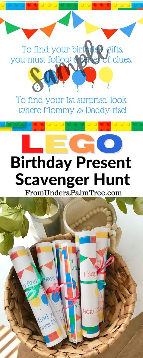 Lego Birthday Present Scavenger Hunt < From Under a Palm Tree Lego Treasure Hunt, Legoland Tickets Printable Free, Lego Scavenger Hunt, Birthday Present Scavenger Hunt, Lego Plates, Scavenger Hunt Birthday, Scavenger Hunt Clues, Free Lego, Lego Lovers