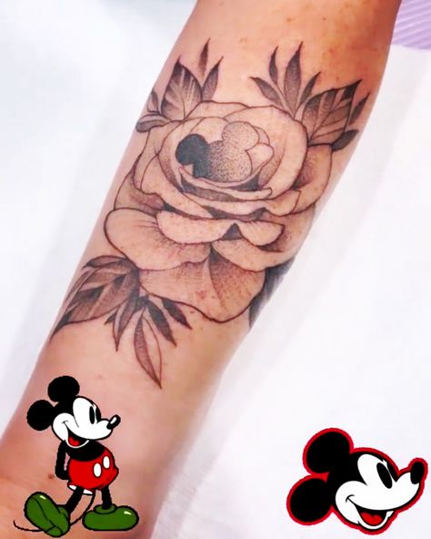 Rose tattoo with a hidden Mickey❤️ Mickey Traditional Tattoo, Hidden Mickey Flower Tattoo, Disney Rose Tattoo, Hidden Mickey Tattoo Ideas, Disney Flowers Tattoo, Disney Forearm Tattoo, Disney Cover Up Tattoos, Floral Disney Tattoo, Disney Flower Tattoo