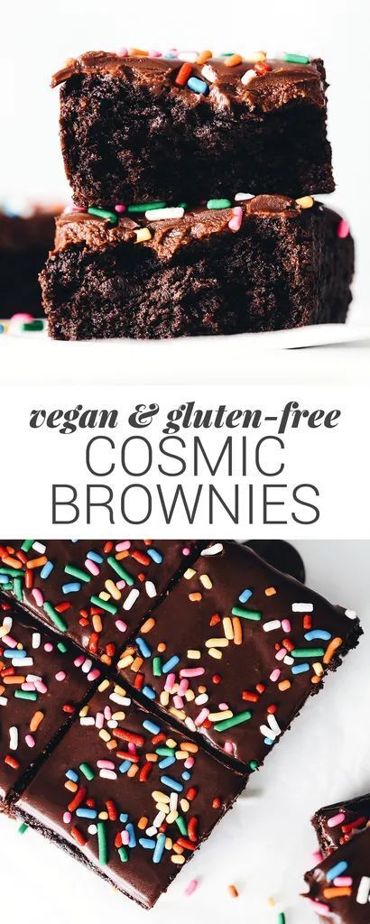 9 reviews · 40 minutes · Vegetarian Gluten free · Makes 8 brownies · Healthier homemade Cosmic Brownies! Fudgy flourless brownie, chocolate ganache, and iconic rainbow sprinkles. Childhood fun meets grown up decadence! Healthy Vegan Dessert, Feasting On Fruit, Cheesecake Vegan, Cosmic Brownies, Low Carb Snack, Vegan Brownie, Cake Vegan, Vegan Dessert Recipes, Vegan Treats