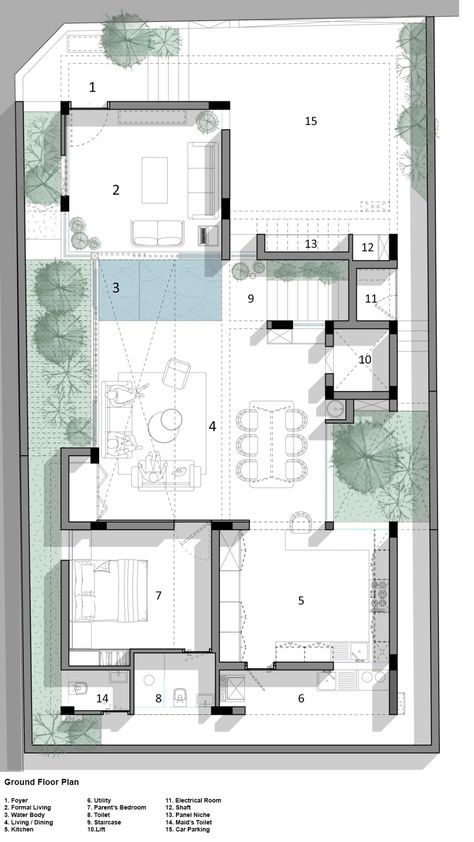 Ground Floor Plan of One Ground Home by Shanmugam Associates 3 Rooms House Plan Design, East Facing House Plan Vastu, Ground Floor Elevation Design, 3 Room House Plan, South Facing House, Narrow House Designs, 2bhk House Plan, Town Houses, House Floor Design