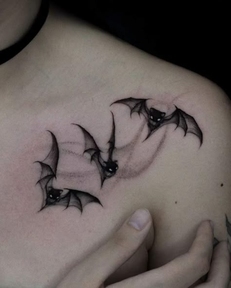 Witchy Filler Tattoo Ideas, Small Black And Red Tattoo, Vampiric Tattoos, Bat Hip Tattoo, Bat Tattoo Shoulder, Small Gothic Tattoo Designs, Spooky Neck Tattoo, Mini Bat Tattoo, Dainty Gothic Tattoo