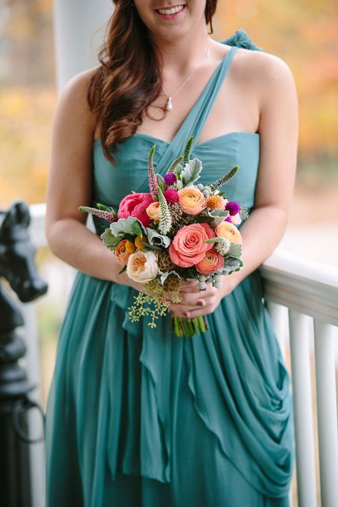 Teal Bridesmaid, Teal Bridesmaid Dresses, Arkansas Wedding, Dark Academia Fashion, Rustic Fall Wedding, Prom Flowers, Wedding Theme Colors, Traditional Bride, Teal Dress