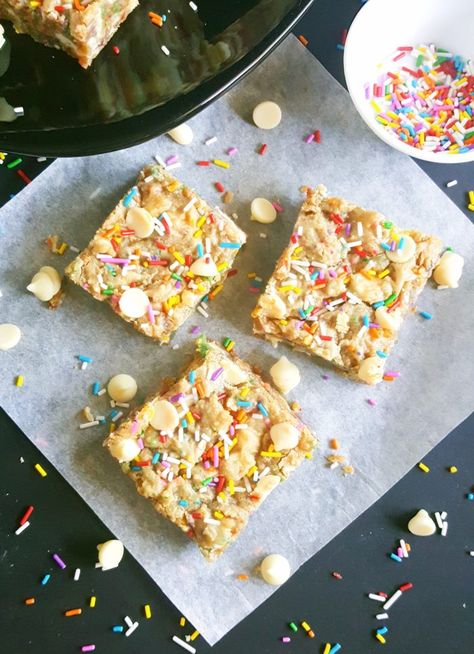 White Chocolate Chip Birthday Cake Blondies - Beat Bake Eat Birthday Cake Blondies Recipe, Chocolate Chip Birthday Cake, Birthday Cake Blondies, Banana Applesauce Muffins, Cinnamon Crescents, Cinnamon Crescent Rolls, White Chocolate Brownies, White Chocolate Chip, Devils Food Cake