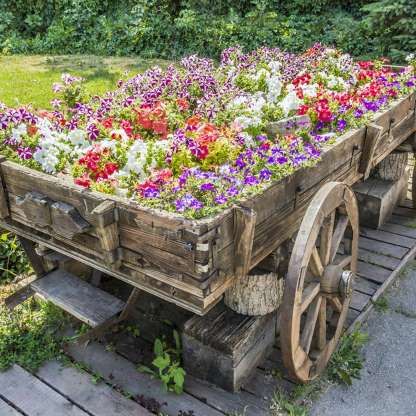 Old Cart - SV Production Wagon Ideas, Old Milk Jugs, Wagon Planter, Garden Wagon, Old Wagons, Wooden Wagon, Video Garden, Flower Cart, Family Handyman