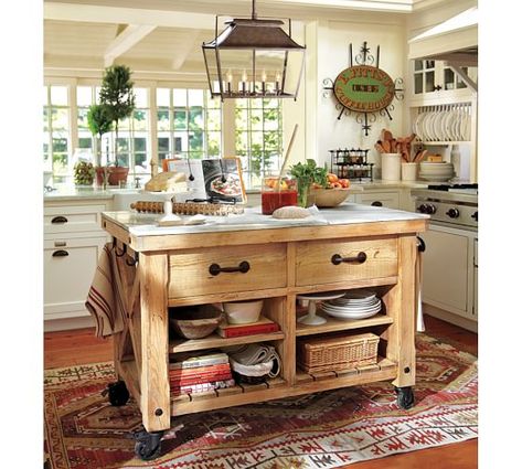 I like the rolling, butcher block topped cart! Pottery Barn Kitchen, Portable Kitchen Island, Freestanding Kitchen Island, Mobile Kitchen Island, Kitchen Island Bench, Rustic Kitchen Island, Small Kitchen Island, Farmhouse Kitchen Island, Freestanding Kitchen