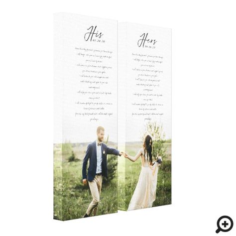 Newlyweds Mr. & Mrs. his and hers wedding day vows & photo keepsake two canvas prints to always remember your special day and your love and promise to each other. This unique and elegant wedding day keepsake canvas is divided into two separate canvases with a single photo split into two sides. #weddingvows #weddingvowscanvas #newlyweds #wedding #hisandhersvows Vows Printed, Family Photo Canvas, Vow Art, Stained Glass Abstract, Wedding Photo Walls, Wedding Vow Art, Abstract Triptych, Minimal Photo, Wedding Mementos