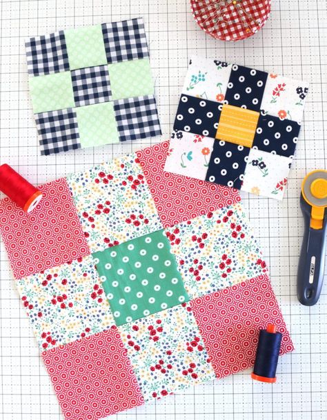 Nine Patch Quilt Blocks + Quilt Tutorials - Diary of a Quilter - a quilt blog Mini Nine Patch Quilts, Easy 9 Patch Quilt Block, Nine Patch Quilt Blocks, 12 Inch 9 Patch Quilt Block, Four Patch In A Square Quilt Block, Uneven Nine Patch Quilt Block, Beginner Quilts, Churn Dash Quilt, Diary Of A Quilter