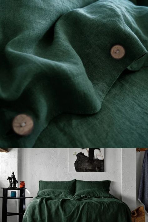 Bedroom Aesthetics, Headboard Ideas, Flax Flowers, Coverlet Bedding, Green Bedroom, Green Bedding, Bedroom Green, Cotton Duvet Cover, King Duvet