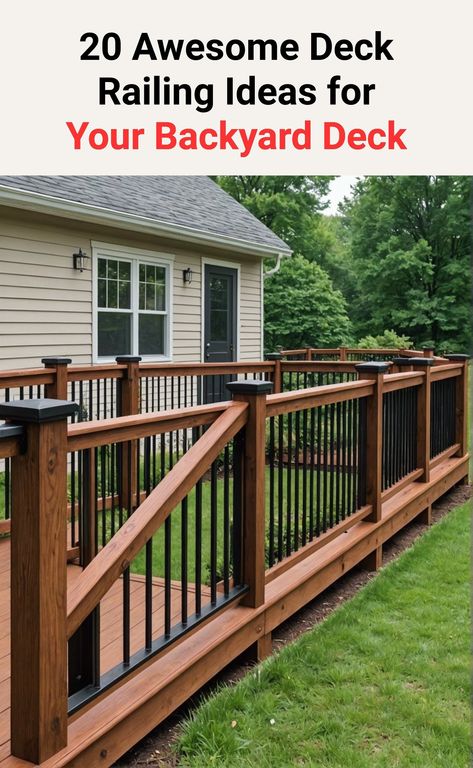 20 Awesome Deck Railing Ideas For Your Backyard Deck – ToolzView Outdoor Deck Railing, Deck Rail Ideas, Cabin Deck Ideas, House Fence Ideas, Split Level Home Designs, Deck Railing Diy, Lake Deck, Wood Deck Railing, Deck Gate