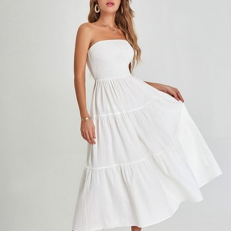 Tube Long Maxi Dress Strapless Maxi Dress Outfit, White Strapless Maxi Dress, White Tube Dress, Tube Dresses, White Long Dress, Long Sundress, White Tube, Maxi Dress Outfit, Long Frocks