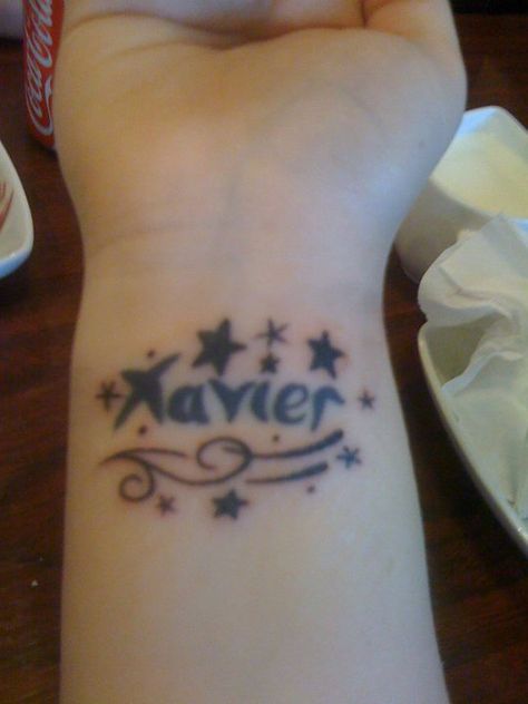 My 6th & 7th tattoo - "Xavier" + Stars - Tattoo Zoo, Cork City. I got "Xavier" done first and a year later I got the rest. Xavier Tattoo Name, Stars Tattoo, 7 Tattoo, Tattoo Name, Cork City, Name Tattoos, Star Tattoos, A Year, Tattoo Quotes