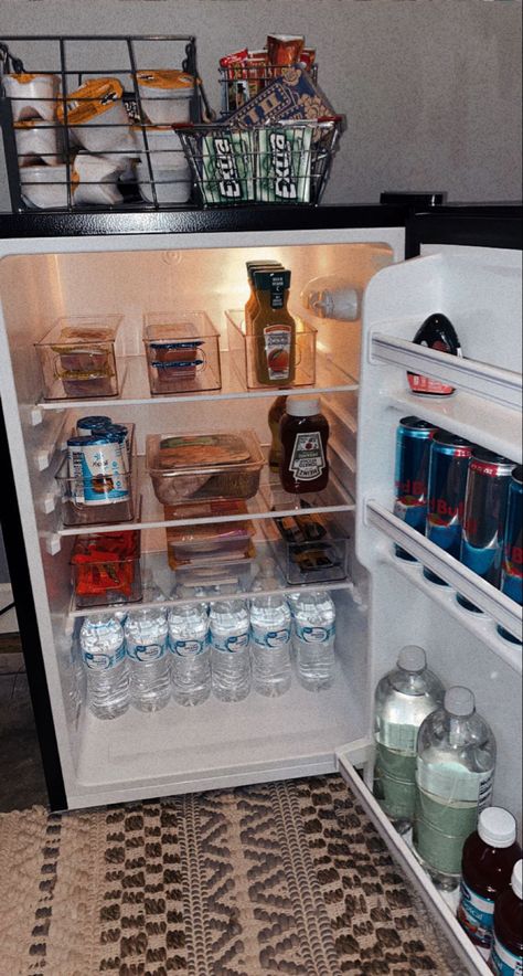 Mini Fridge Room Aesthetic, Office Mini Fridge Ideas, Fridge In Room Ideas, Mini Fridge Ideas Food, Mini Fridge In Bedroom Aesthetic Snacks, Sesh Room Ideas, Bedroom Snack Station Aesthetic, Snacks In Room, Snack Drawer Ideas Bedroom