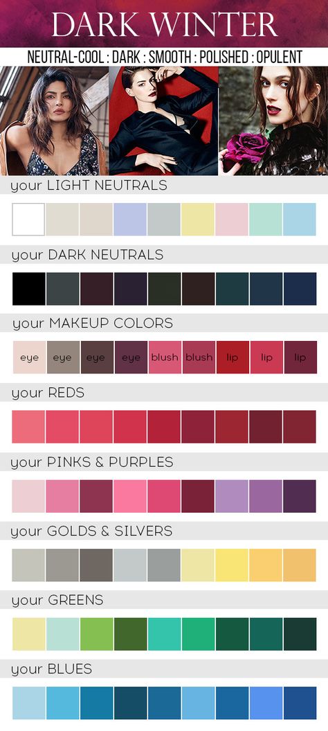 Dark (Deep) Winter Online Color Guide. Makeup colors for Dark Winter. Winter Skin Color Palette, Deep Cool Winter Color Palette, Winter Dark Color Palette, Deep Cool Color Palettes, Color Palette For Deep Winter, Winter Dark Palette, Cool Deep Winter Palette, Clothes For Deep Winter, Best Colors For Winter Skin Tone