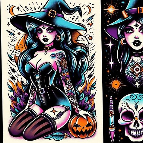 Witch Pinup Tattoo, Witch Pin Up Tattoo, Movie Tattoo Flash, Witch Pinup, Pin Up Girl Tattoos, Pin Up Tattoo, Horror Movie Tattoos, Pinup Tattoo, Pin Up Girl Tattoo