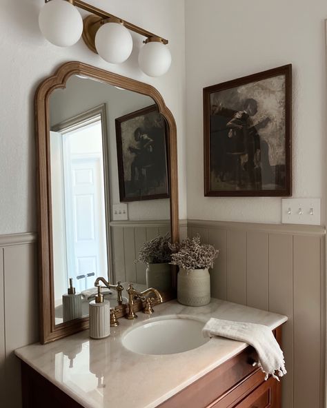 Traditional And Modern Bathroom, French Country Powder Bath, English Cottage Bathroom Vanity, French Country Mirrors Bathroom, Tan Tile Bathroom Ideas Modern, 70 Home Aesthetic, Modern French Farmhouse Bedroom, French Country Light Fixtures Bathroom, Bathroom French Country Style