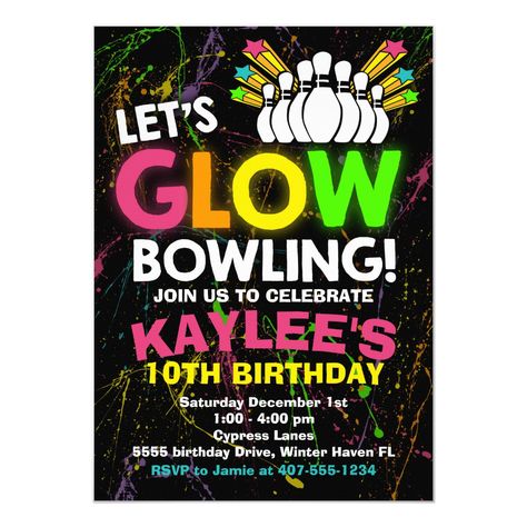 Glow Bowling Party Ideas, Neon Birthday Invitations, Glow Birthday Party Invitations, Birthday Bowling, Bowling Birthday Party Invitations, Glow Bowling, Glow Stick Wedding, Bowling Invitations, Bowling Party Invitations