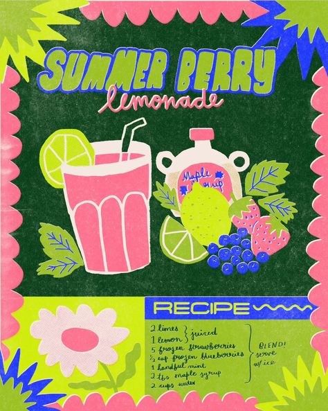 Cup Of Water Illustration, Recipe Design Graphic, Lemonade Poster, Recipe Wall Art, Lemonade Illustration, Water Illustration, Bazaar Ideas, Fresh Lemonade, Riso Print