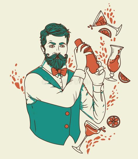 Illustration about Retro bartender making cocktails, vector illustration. Illustration of drink, card, hipster - 94443764 Bar Wall Design, Party Vector, Cocktails Vector, Photography Men, Sketchbook Project, Portrait Photography Men, Cocktail Art, Bullet Journal Art, Cocktail Making