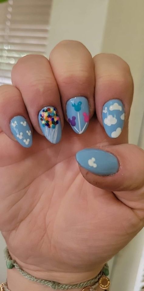 Disney Up inspired acrylic nail art Disney Nails Up, Disney Up Nail Designs, Up Disney Nails, Theme Park Nails, Disney Nails Diy, Pixar Nails Acrylic, Princess Disney Nails, Inside Out 2 Nails, Disney Up Nails