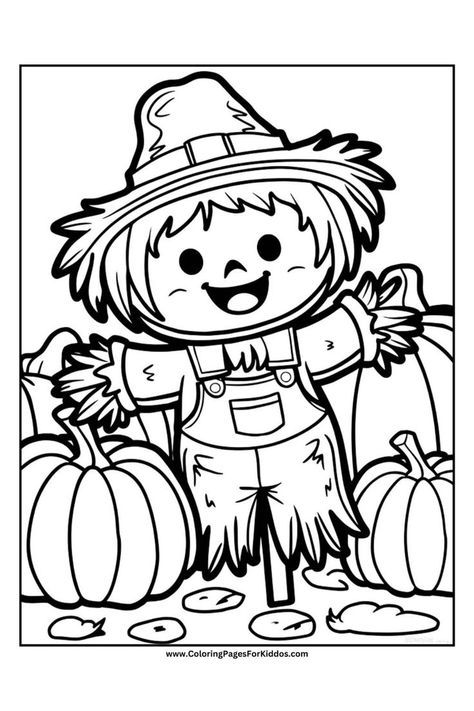 This playful image features a cartoon scarecrow with a straw hat, surrounded by pumpkins, embodying the essence of fall. Printable Thanksgiving Coloring Pages, Easy Fall Coloring Pages, Free Fall Coloring Pages, Scarecrow Coloring Pages, Toddler Coloring Pages Free Printable, Free Fall Printable Coloring Pages, Pre K Fall Coloring Pages, Coloring Pages Fall Free Printables, Free Fall Coloring Pages Printables