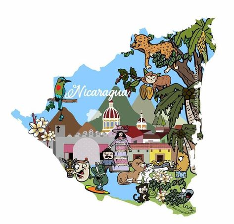 Recopilacion de diferentes dibujos dentro del mapa. Animales, arquitectura, naturaleza y comida #mapas #mapadenicaragua #nicaraguense #nacatamal #managua Nicaragua Door Decoration, Nicaragua Flag, Nicaragua Culture, Nicaragua Animals, Nicaragua Map, Nicaragua, Montessori, Diy Gifts, Mural