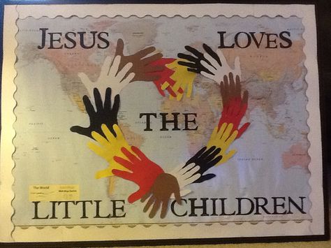 Church Bulletin Board - Jesus Loves the Little Children Jesus Loves Me Bulletin Board, Sunday School Bulletin Board Ideas, Church Bulletin Board Ideas, Jesus Bulletin Boards, Christian School Bulletin Boards, Class Room Door, Room Door Ideas, Religious Bulletin Boards, Jesus Loves The Little Children