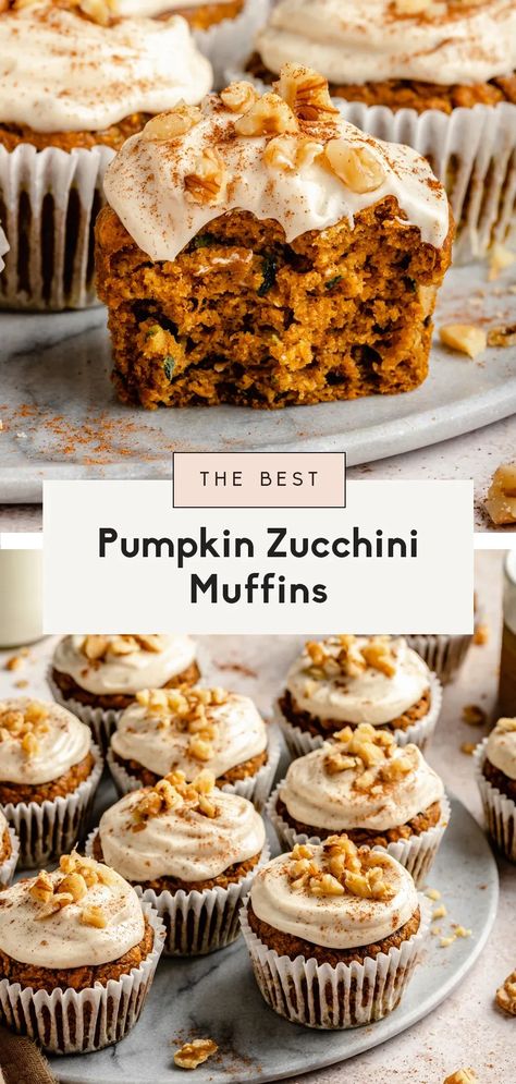 Fluffy pumpkin zucchini muffins topped with a luscious cinnamon cream cheese frosting. These easy pumpkin zucchini muffins are made in one bowl, are naturally sweetened, and are filled with cozy pumpkin pie spices! Truly the perfect healthy breakfast or snack to bake during the fall months. Ambitious Kitchen Dessert, Pumpkin Zucchini Muffins, Pumpkin Zucchini, Savory Pumpkin, Cinnamon Cream Cheese, Savory Pumpkin Recipes, Ambitious Kitchen, Random Recipes, Zucchini Muffins