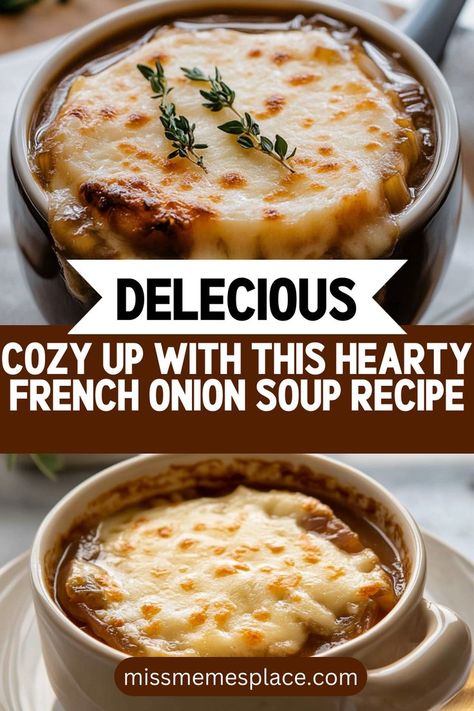 Cozy up with a steaming bowl of hearty French onion soup that warms both body and soul. This recipe combines the sweetness of caramelized onions with the depth of rich beef broth, creating a delightful flavor experience. Topped with crusty bread and melty Gruyère cheese, every spoonful is a comforting hug in a bowl. Perfect for chilly nights or as a comforting lunch, this easy recipe will quickly become a family favorite. Gather your ingredients and discover Easy French Onion Soup Recipe, Best French Onion Soup, French Onion Soup Bowls, Comforting Hug, Classic French Onion Soup, Onion Soup Recipe, French Onion Soup Recipe, Onion Soup Recipes, Elegant Appetizers