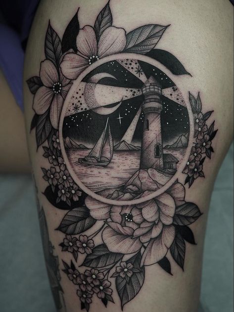 Nature tattoo by Kyle Stacher aka Thief Hands #KyleStacher #ThiefHands #illustrative #linework #nature #organic #fineline #dotwork #flower #floral #leaves #lighthouse #ship #moon #stars | Apr 18th 2019 | 951271 Wanderlust Tattoo Sleeve, Aztec Theme Tattoo, Ocean Theme Tattoo, Lighthouse Tattoo, Nature Tattoo, Theme Tattoo, Nautical Tattoo, Floral Leaves, Up Tattoos