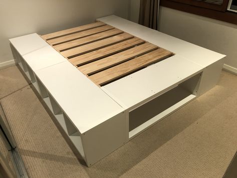 My IKEA Kallax “hack” - king size bed frame using 5x 4x1 Kallax units cut down to suit Kallax Bed Base, Ikea King Bed Hack, Ikea Bedframe Hack, Bookcase Bedframe, Kallax Bed, Ikea Storage Bed, Ikea Platform Bed, Kallax Ideas, Diy Kallax