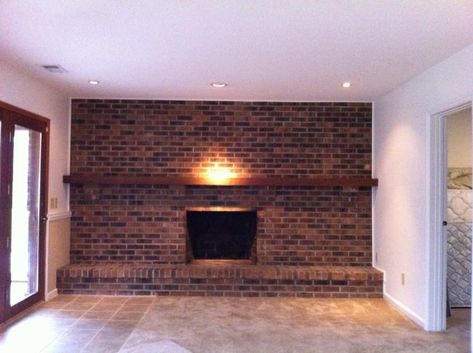 Update Brick Fireplace, Fireplace Facelift, Brick Fireplace Remodel, Diy Fireplace Mantle, Brick Fireplace Wall, We Bought A House, House Buying, Painted Brick Fireplace, Basement Fireplace