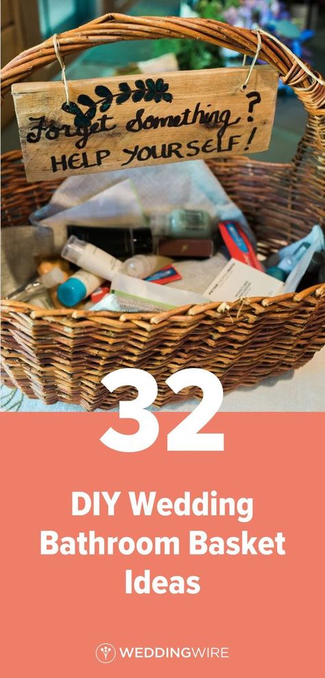 Wedding Guest Basket, Basket In Bathroom For Wedding, Toilet Baskets At Weddings, Guest Toiletries Basket Wedding Bathroom, Basket For Wedding Favors, Wedding Bathroom Essentials, Wedding Guest Baskets For Bathroom, Diy Wedding Bathroom Basket, Wedding Bathroom Baskets Ideas