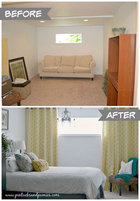 Super Simple Tips for Decorating a Room From Scratch! :: Hometalk Basement Window Curtains, Basement Window Treatments, Small Window Treatments, Basement Window, Diy Bamboo, Basement Guest Rooms, Window Curtains Bedroom, Bedroom Blinds, Colors Painting