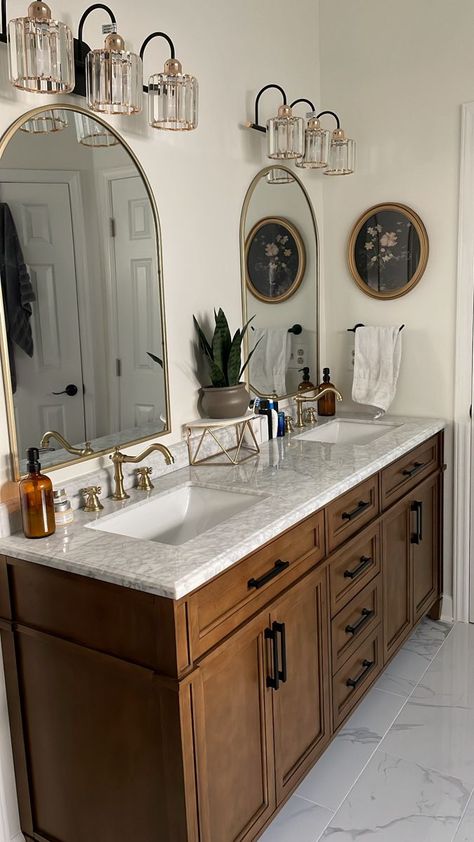 Renovate Master Bath, Bathroom Vanity Mirror And Light, White Bathroom Brown Cabinets, Light Wood Bathroom Vanity Black Hardware, Double Sink Mirrors, Gold Mirror In Bathroom, Master Bath Remodel Double Vanity, Double Master Vanity, Bathroom With Marble Countertops