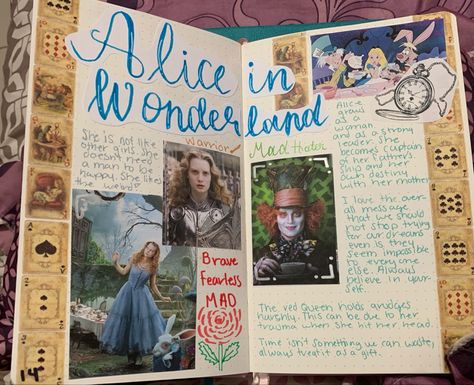 Alice In wonderland movie spread on Film Journal. Thoughts about the movie along with some pictures and Alice in wonderland inspired washi tape. Film Journal Cover Ideas, Movie Review Journal, Alice In Wonderland Film, Alice In Wonderland Journal, Movie Diary, Book Review Journal, Film Journal, Journal Book, Book Report