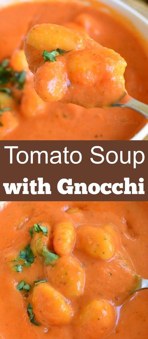 Chunky Tomato Soup Recipe, Soup With Gnocchi, Gnocchi Potato, Tomato Gnocchi Soup, Tomato Gnocchi, Gnocchi Sauce, Easy Tomato Soup Recipe, Tomato Bisque Soup, Gnocchi Recipes Soup