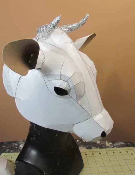 Cow Mask Pattern | Ultimate Paper Mache Cardboard Cow Mask, Paper Mache Cow Head, Bull Mask Diy, Paper Mache Animal Mask, Cow Paper Craft, Paper Mache Mask Diy, Paper Mache Mask Ideas, Paper Mache Cow, Cardboard Animal Head